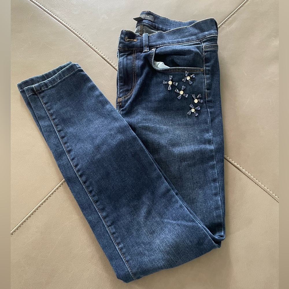 Ann Taylor Dark Blue Skinny Jeans with Pocket Embellishments